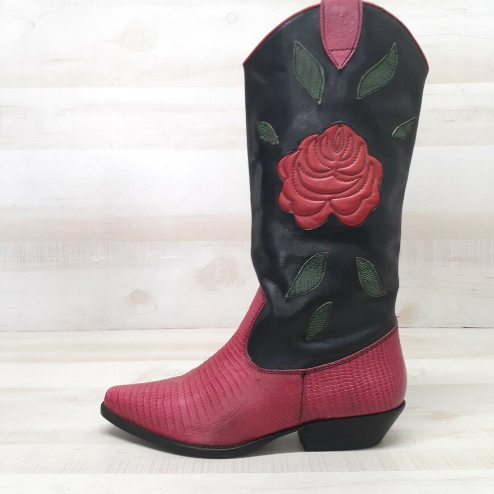VTG Nine West Black Fuchsia Rose Leather Cowboy Boots Lizard Pattern 8.5 M Women
